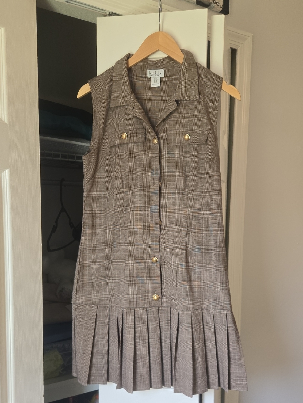 Lee Mathews Brown Plaid Sleeveless Button-Front Mini Dress with Pleated Hem